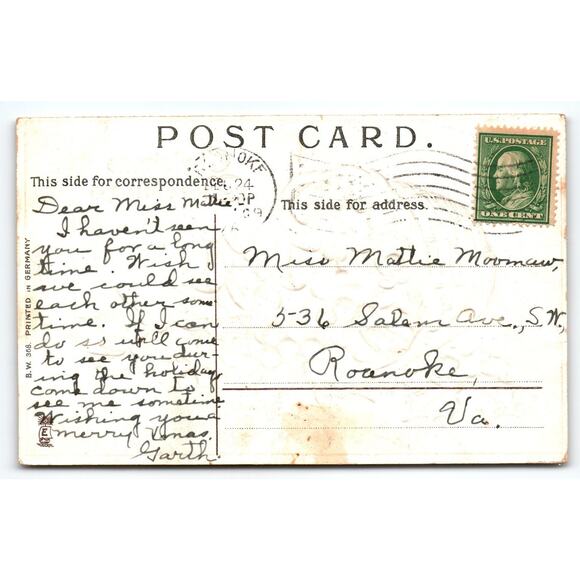 Vintage Embossed Christmas Greetings Postcard with Holly Basket - Picture 2 of 2